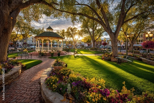 Colorful Town Square Gazebo At Golden Hour