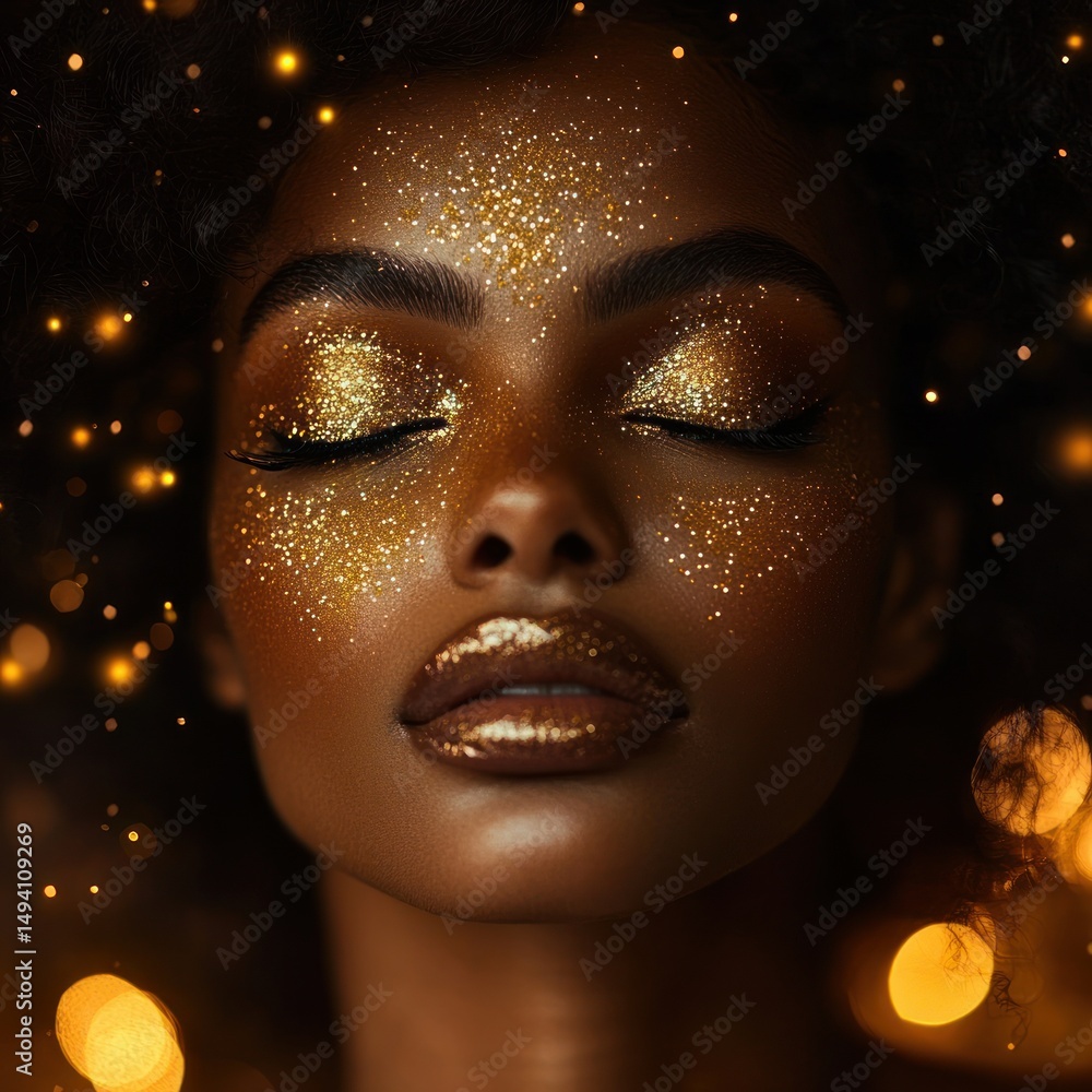 Close-up portrait of a serene woman with closed eyes, adorned with shimmering golden glitter on eyelids, cheeks, forehead, and lips against a dark background with soft glowing lights Close-up portrait of a serene woman with closed eyes, adorned with shimmering golden glitter on eyelids, cheeks, forehead, and lips against a dark background with soft glowing lights