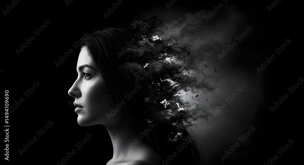 Abstract image of a person's profile with the head of woman smoke wave disintegrating into particles
Abstract image of a person's profile with the head of woman smoke wave disintegrating into particles
