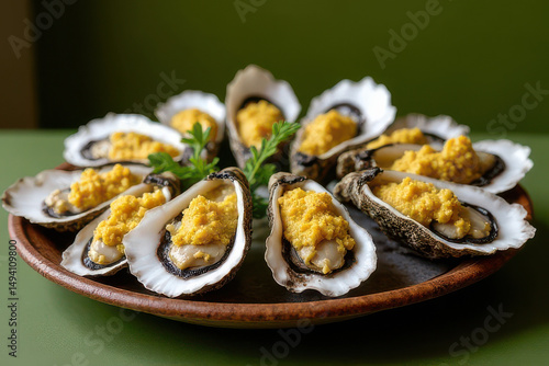 Tempting Oysters Rockefeller in Industrial Café Vibe Corner on Olive Green Background