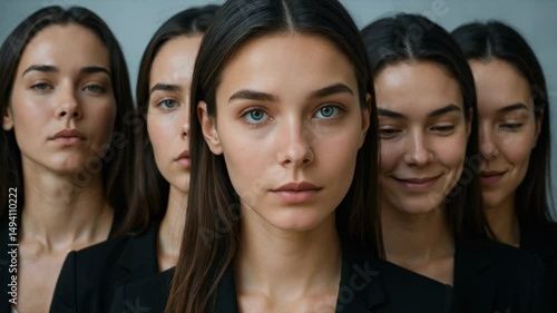 Identical women with subtle facial variations in minimalist lineup — ideal for identity, deepfakes, identity theft, cloning ethics, diversity, individuality, or psychological storytelling.