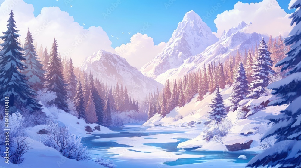 Obraz premium Illustrative winter mountain scene, serene and idyllic atmosphere landscape