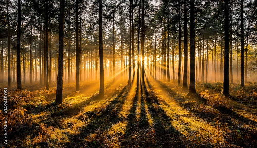 Fototapeta premium Golden Sunlight Through Misty Forest
