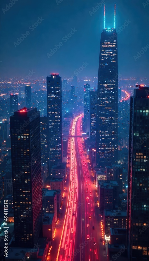 Obraz premium Futuristic cityscape at night, glowing network lines connecting buildings, symbolizing innovative technological connection and progress , information, global
