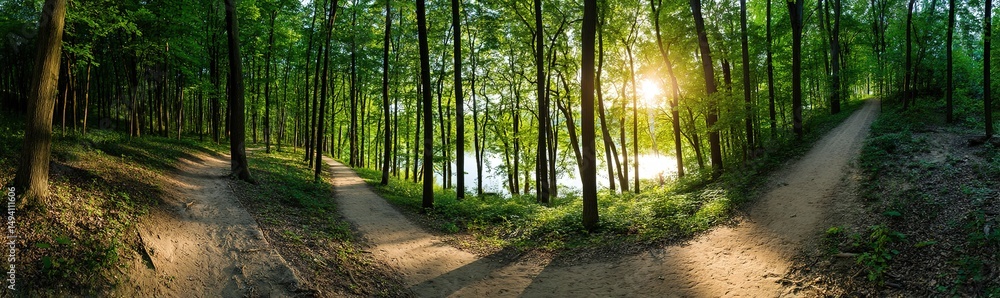 Fototapeta premium Sunlit Forest Path With Divided Trails