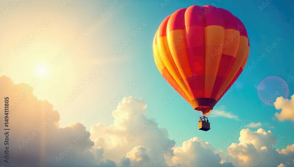 Naklejka premium Joyful hot air balloon ascension on a sunny birthday, vibrant colors, celebratory atmosphere , clouds, aerial view