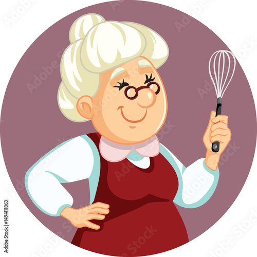 Happy Baker Granny with a Wire Whisk Vector Cartoon. Senior cook making something delicious at home from scratch 
