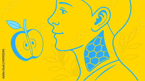Human Anatomy Illustration with Apple and Honeycomb Pattern