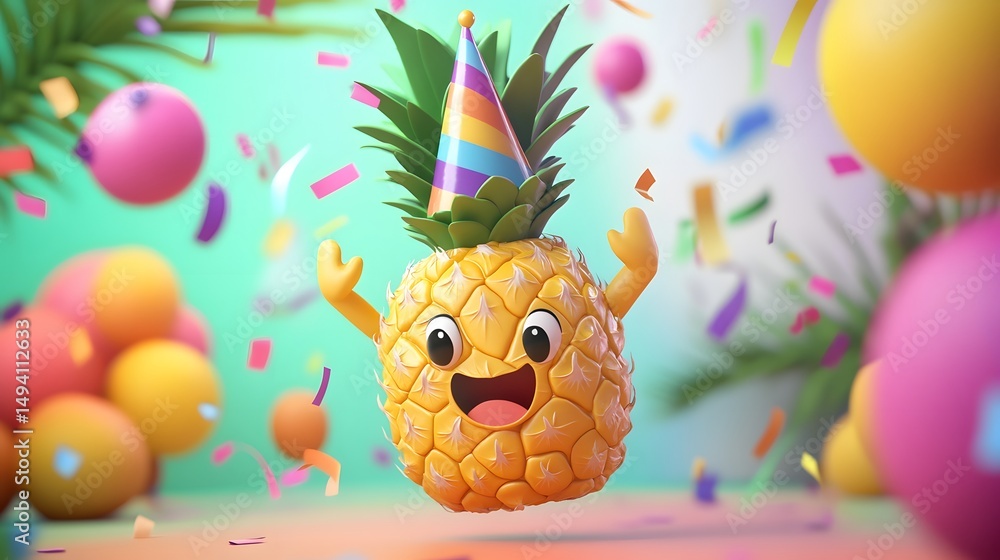 Fototapeta premium Joyful pineapple character in a festive celebration setting.