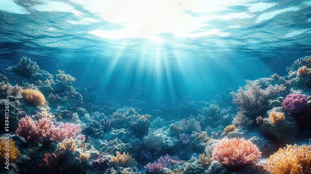 Fototapeta premium Bright underwater scene with sunlight rays penetrating the water surface illuminating colorful coral reef formations
