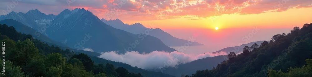 Serene mountain vista at dawn, mist clinging to the valleys, sun rising over the peaks Perfect for travel, nature, and environmental projects , vegetation, tranquil, conservation Serene mountain vista at dawn, mist clinging to the valleys, sun rising over the peaks Perfect for travel, nature, and environmental projects , vegetation, tranquil, conservation