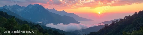 Serene mountain vista at dawn, mist clinging to the valleys, sun rising over the peaks Perfect for travel, nature, and environmental projects , vegetation, tranquil, conservation