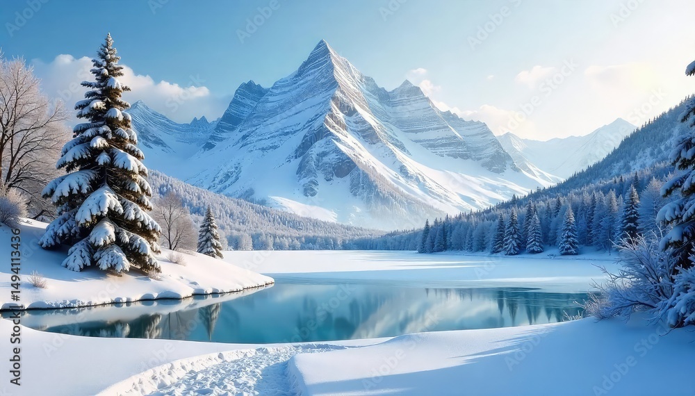 custom made wallpaper toronto digitalSerene winter landscape featuring snow-covered trees, a frozen lake, and a majestic mountain range under a clear sky Perfect for winter wonderland, nature, and travel themes , snowy, landscape, ice