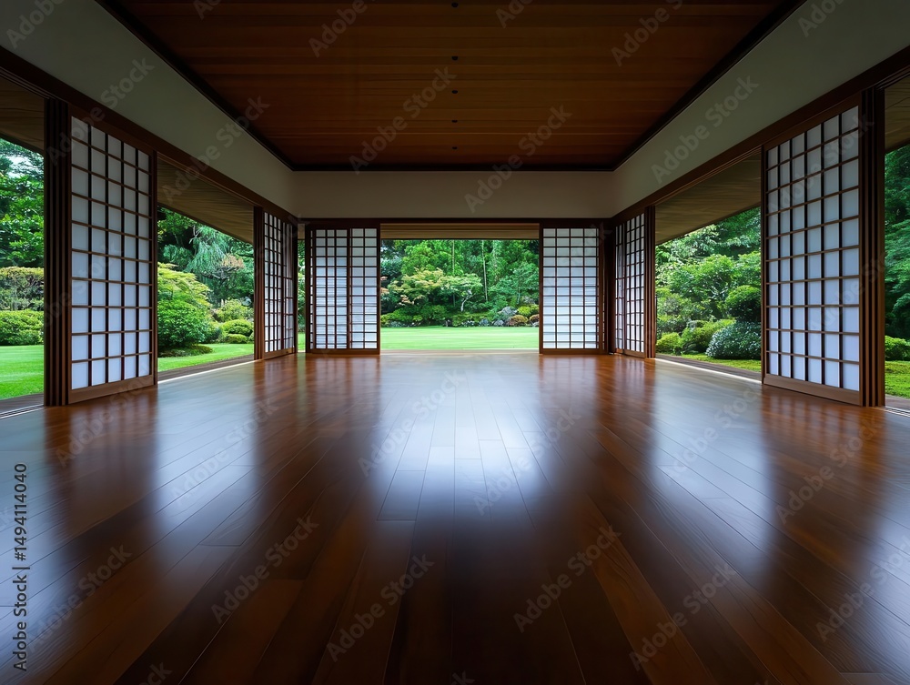 Obraz premium Elegant family home with a large open living space, accentuated by handcrafted wooden shoji screens