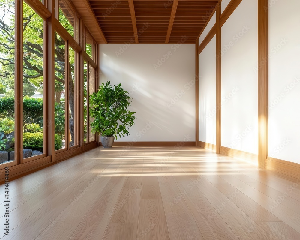 Fototapeta premium Sunlit shojilined hallway in a classic Japanese house, offering a soft, diffused glow throughout the space