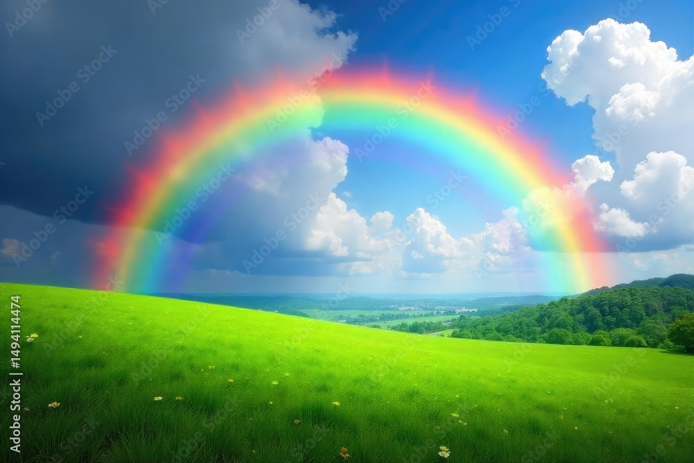 Vibrant rainbow arching over a lush green landscape , sunshine, grass Vibrant rainbow arching over a lush green landscape , sunshine, grass