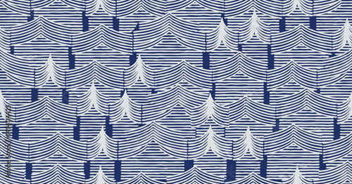 Hand drawn brush lines abstract Japanese cityscape from top view seamless pattern in white and blue, ethnic folk and tribal wood carving, engraving texture background, simple and irregular graphic