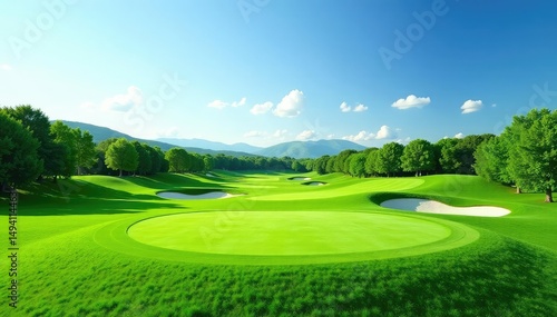 Vibrant green golf course with rolling hills and lush fairways under a clear blue sky , recreation, golf course, nature