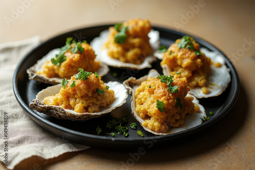 Tempting Oysters Rockefeller: Dark Moody Table Setting, Clean Food Photography, Split Lighting, High Resolution