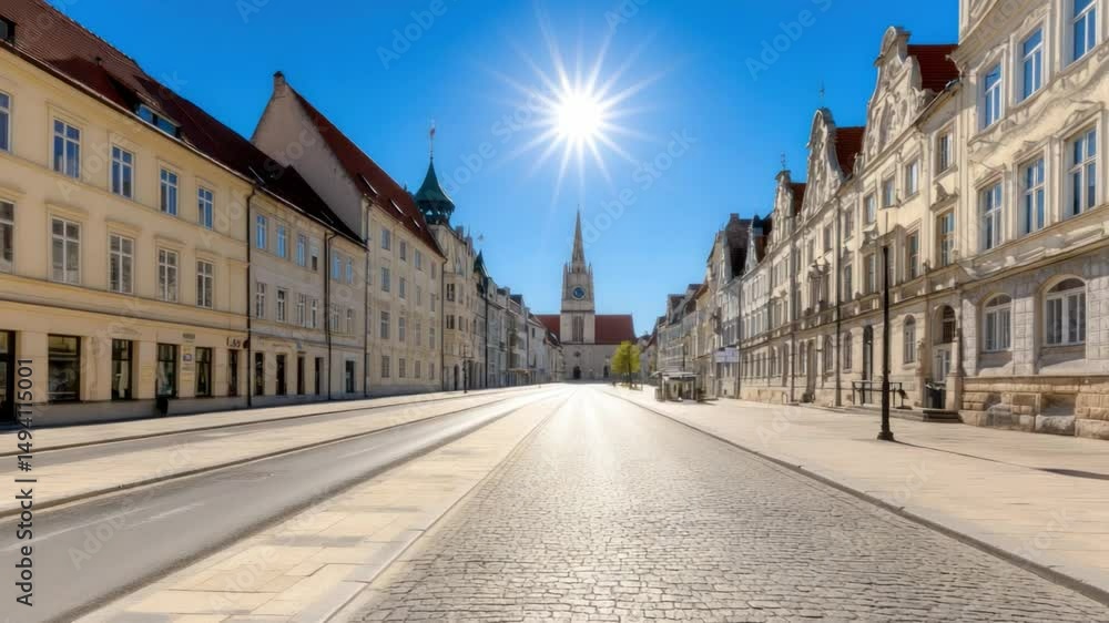 Bright Urban Daylight in Quaint European Street with Historic Architecture and Clear Blue Sky Bright Urban Daylight in Quaint European Street with Historic Architecture and Clear Blue Sky