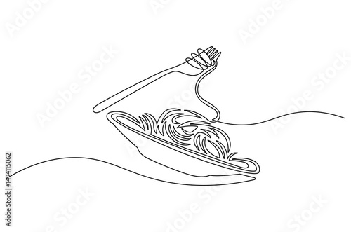 Continuous one line drawing of Pasta and spaghetti. Single line drawing illustration of Noodle on plate with fork. Restaurant business concept vector art. Doodle line illustration.