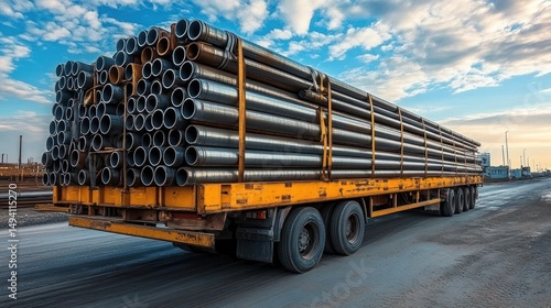 Flatbed truck loaded with large metal pipes stacked and secured with straps parked on industrial road under cloudy sky during sunset