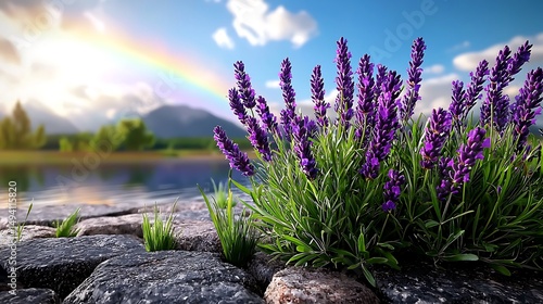 there is a rainbow in the sky over a lake and some purple flowers