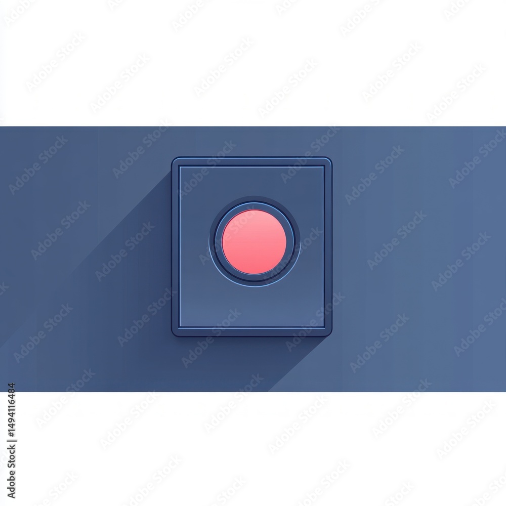 Minimalistic illustration of a single red button on a blue rectangular panel casting a long shadow on a darker blue background Minimalistic illustration of a single red button on a blue rectangular panel casting a long shadow on a darker blue background