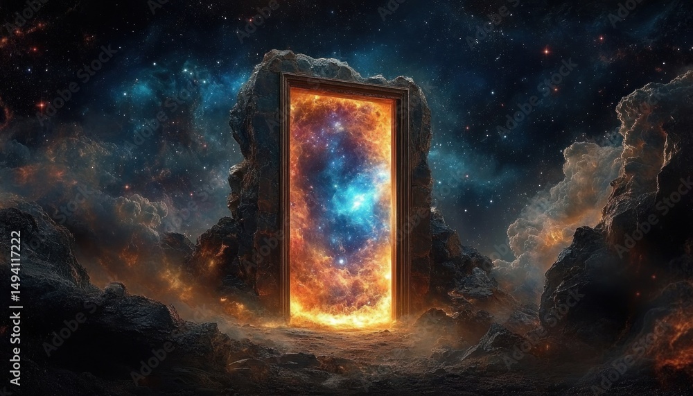 Obraz premium A glowing fiery doorway embedded in rocky terrain opens to a cosmic scene filled with blue and orange nebulae and distant stars, evoking mystery and wonder