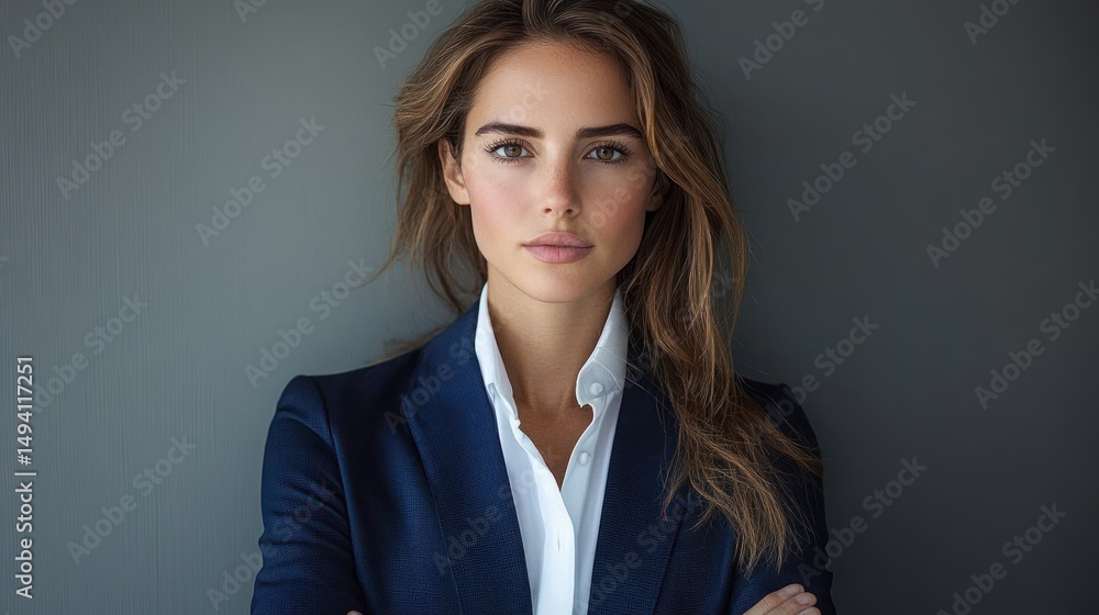 Confident young woman with long light brown hair and piercing eyes wearing a navy blazer and white shirt standing against a plain gray background Confident young woman with long light brown hair and piercing eyes wearing a navy blazer and white shirt standing against a plain gray background
