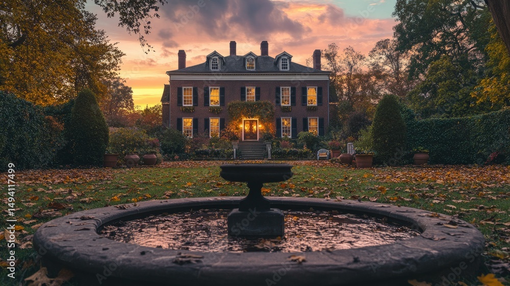 Fototapeta premium Autumnal Estate at Sunset: A Serene Garden Scene