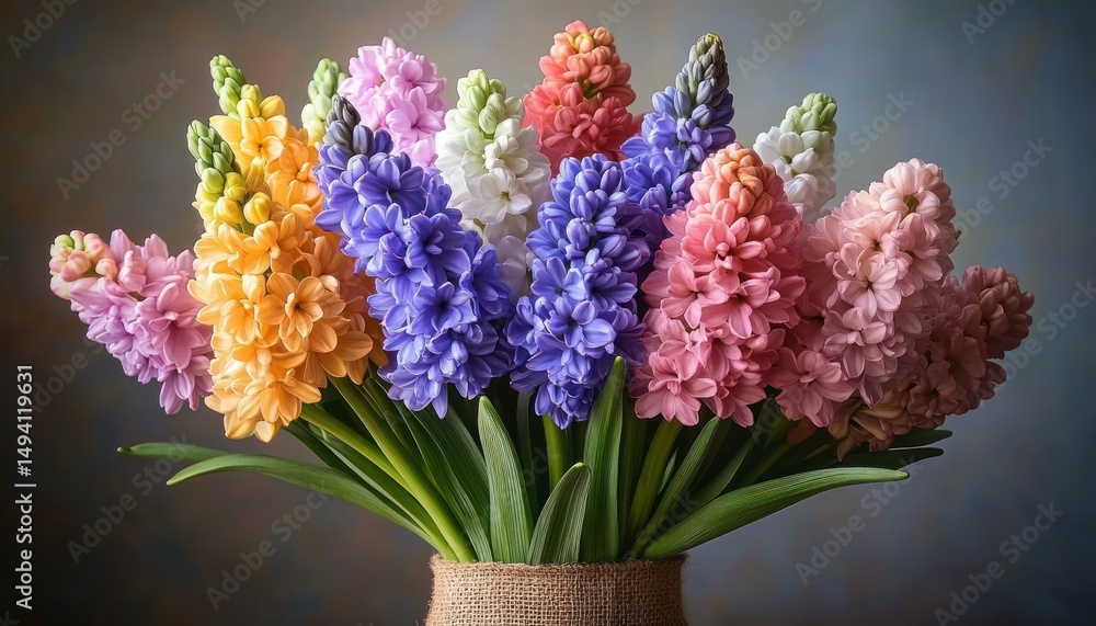 Fototapeta premium Vibrant bouquet of multicolored hyacinth flowers arranged in a rustic vase against a soft gradient background, evoking freshness and natural beauty