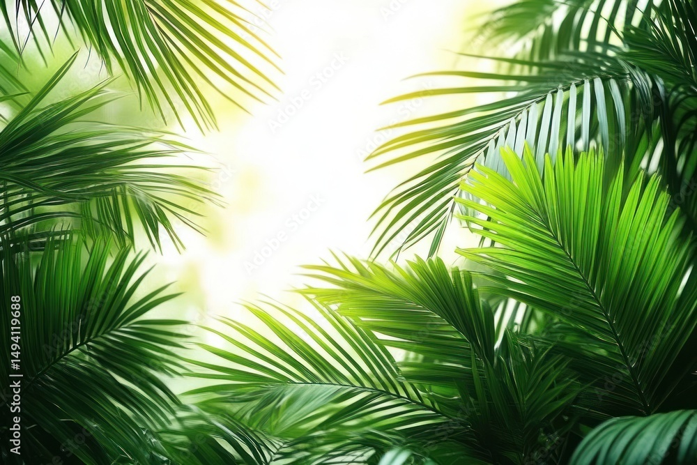 Naklejka premium Close-up of lush green palm leaves with bright sunlight filtering through, creating a fresh and vibrant natural atmosphere