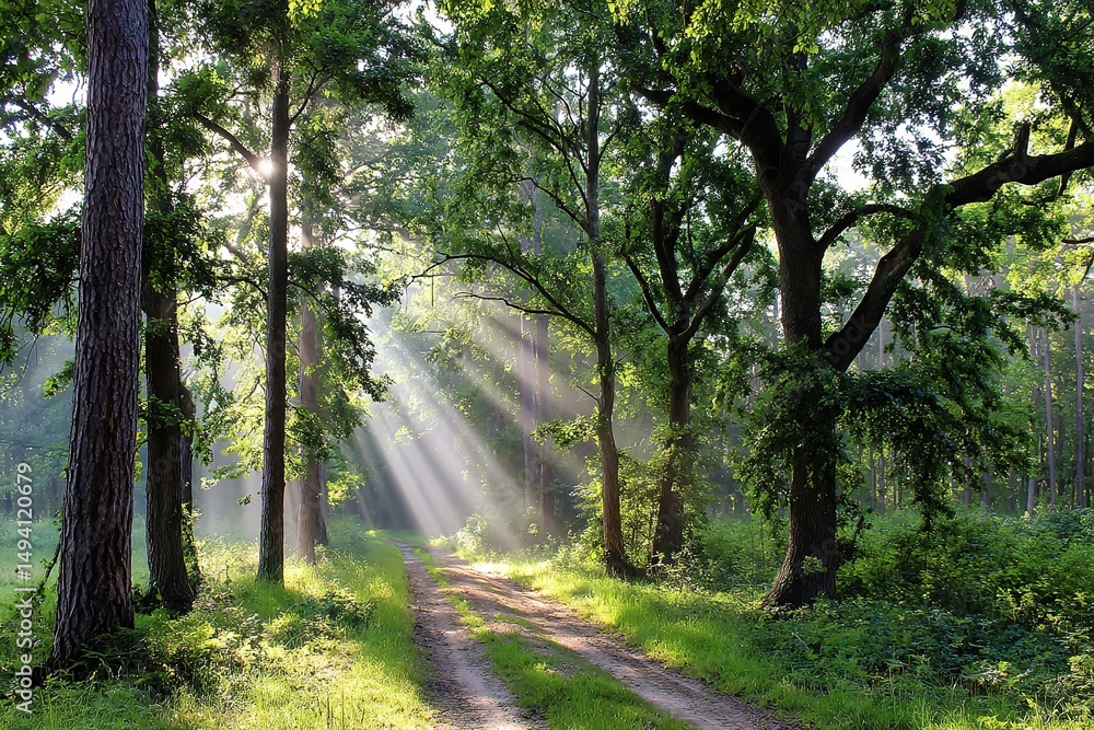 Obraz premium Sunlight Path Through Forest Trees