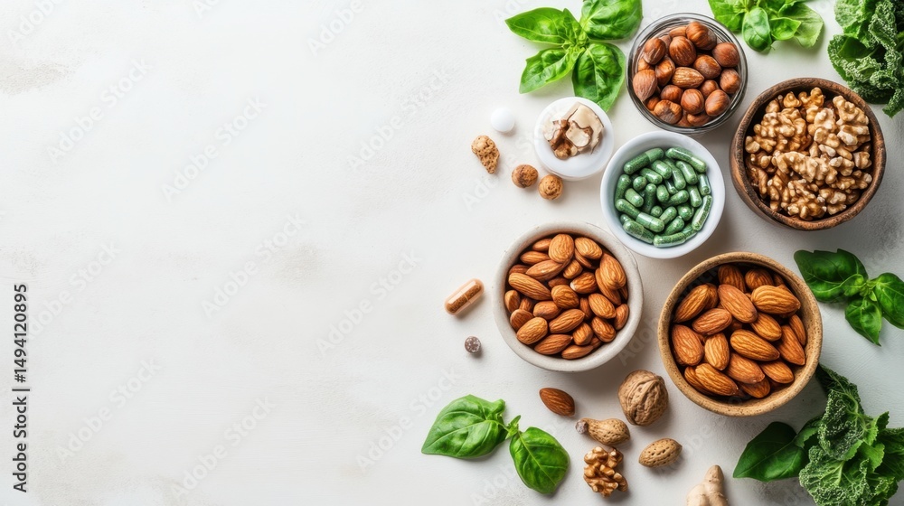 Obraz premium Clean eating theme with nuts and capsules in eco-friendly setting