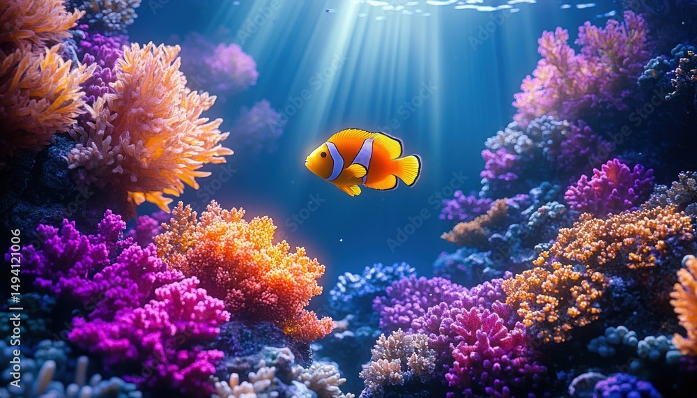 Fototapeta premium Vibrant clownfish swimming among colorful coral reef illuminated by sunlight beams underwater