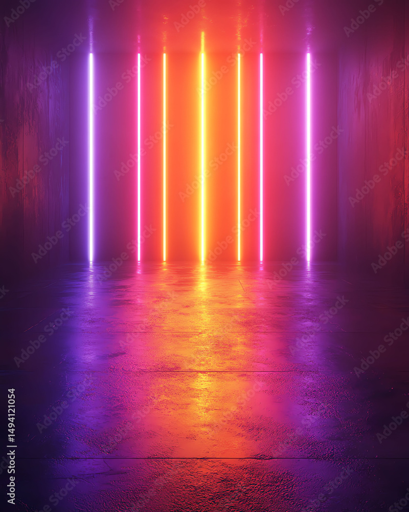 Vibrant Neon Lights Colorful Vertical Beams in Dark Room Vibrant Neon Lights Colorful Vertical Beams in Dark Room