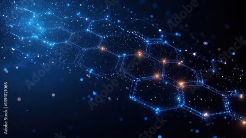 Glowing hexagonal digital network with blue and orange light points on a dark background creating a futuristic and technological atmosphere