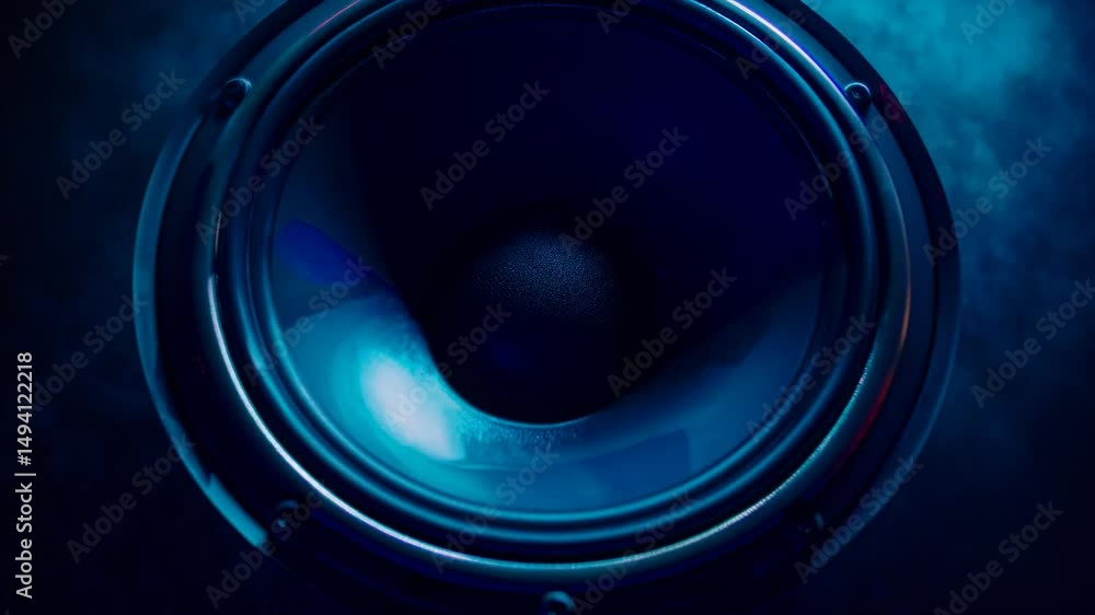 Close-up of speaker woofer with pulsing light reflection — great for music production, audio gear, or party promos. Close-up of speaker woofer with pulsing light reflection — great for music production, audio gear, or party promos.