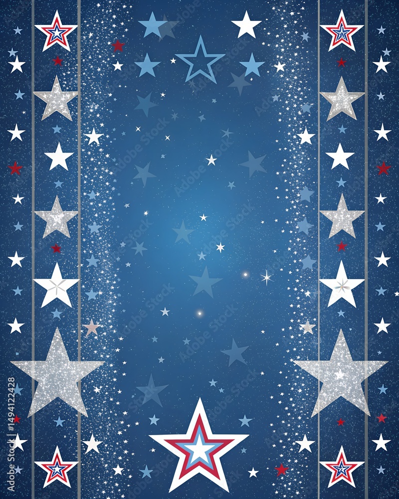 Fototapeta premium “Vertical deep blue background filled with twinkling white stars and glittery accents, celestial yet patriotic, space in center for text overlay” 