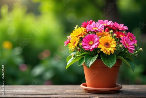 Wallpaper Mural A cheerful overflowing terracotta pot bursting with vibrant, healthy flowers, radiating joy and the simple pleasures of gardening , cheerful, blossom Torontodigital.ca