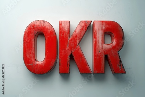 Large red three-dimensional block letters spelling OKR with a weathered and distressed texture casting shadows on a plain white wall, evoking a bold and industrial feel