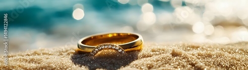 Golden ring resting on sandy shore with ocean backdrop.