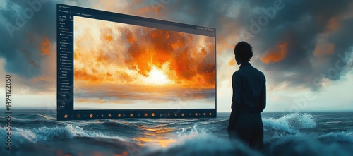 Silhouette of a person standing in ocean waves at dusk watching a large floating digital window displaying a vibrant sunset sky blending with the real clouds