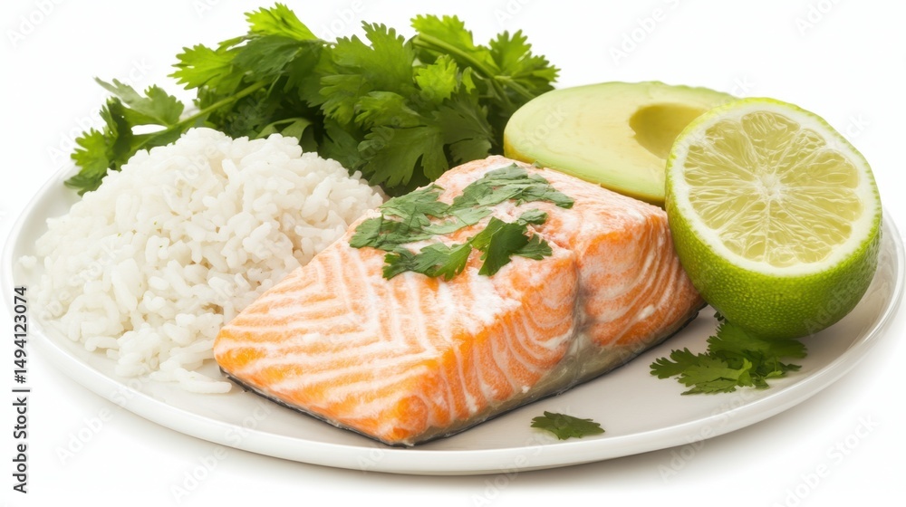 High-protein salmon and avocado meal styled with fresh herbs and rice portion High-protein salmon and avocado meal styled with fresh herbs and rice portion