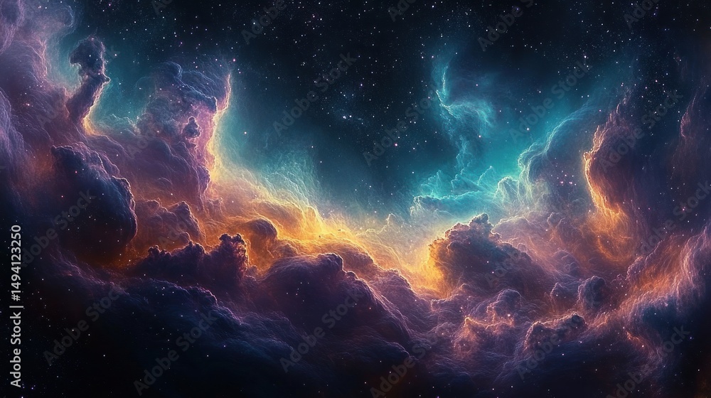 Fototapeta premium Vibrant cosmic nebula with swirling clouds of gas and dust illuminated in blue and orange hues against a dark starry background evoking a sense of mystery and wonder