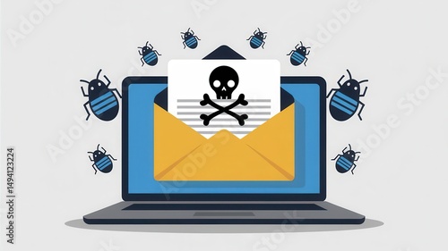 Computer safety concept: Dangerous email with skull icon and malware bugs