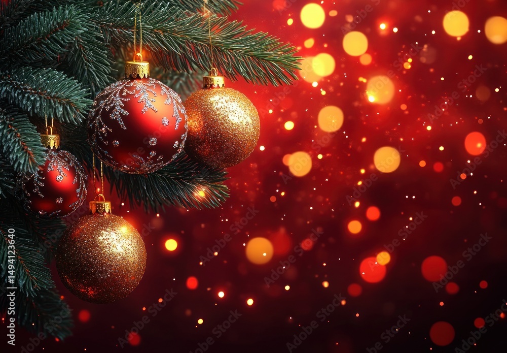 Obraz premium Close-up of red and gold Christmas baubles hanging on green pine branches with glowing warm bokeh lights in the background creating a festive and cozy atmosphere