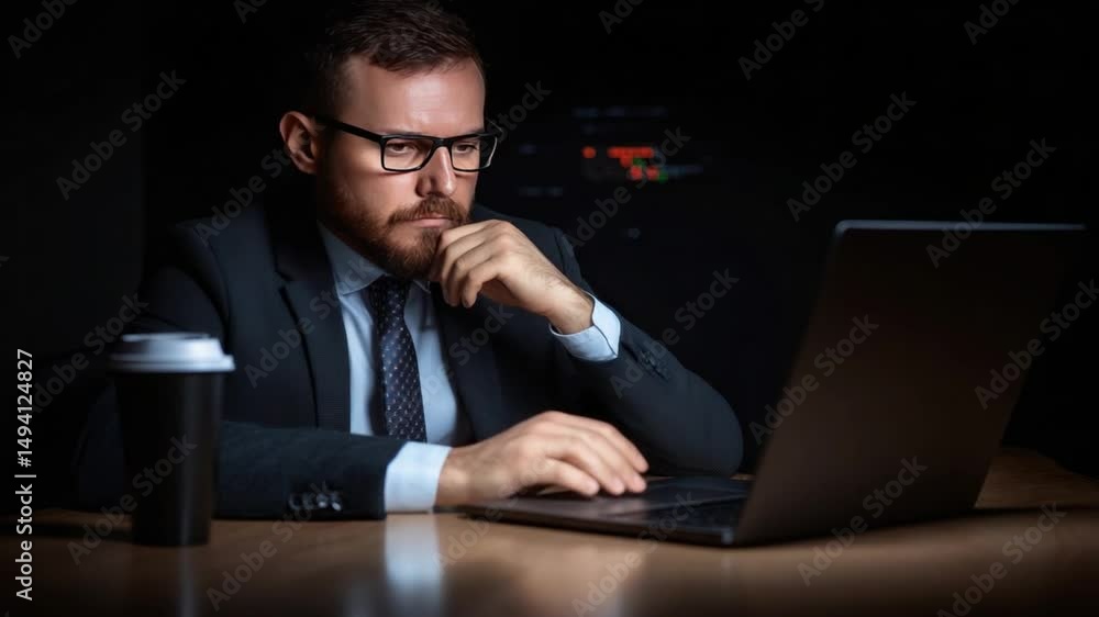 Professional man in suit using laptop with coffee cup in dimly lit office environment focused on work Professional man in suit using laptop with coffee cup in dimly lit office environment focused on work