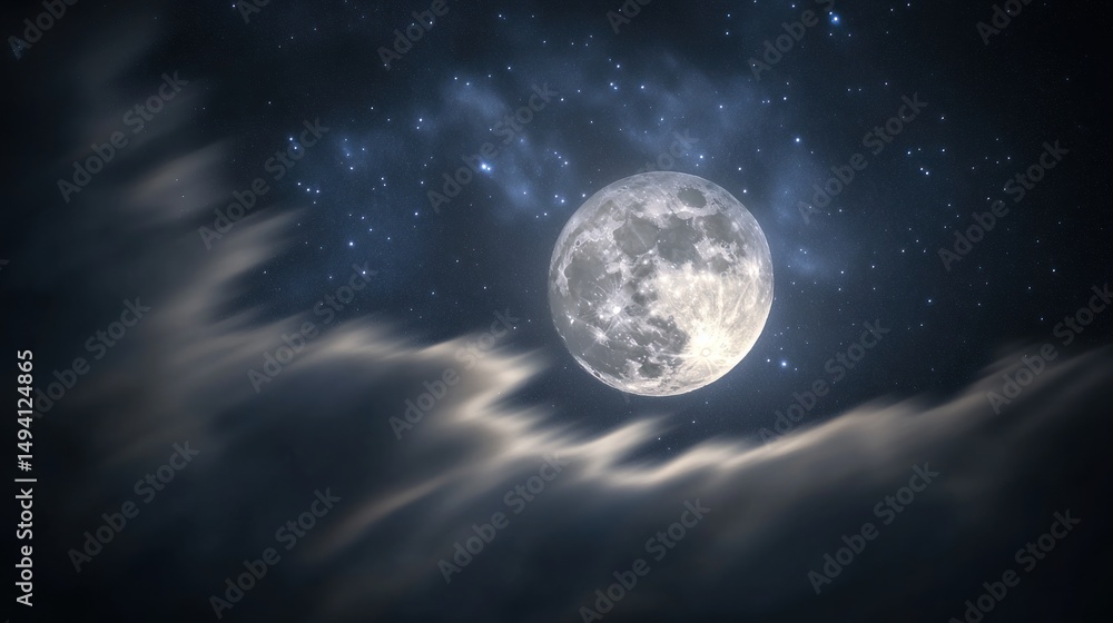 Fototapeta premium Dramatic full moon illuminating night skies with cloudscapes and starfield